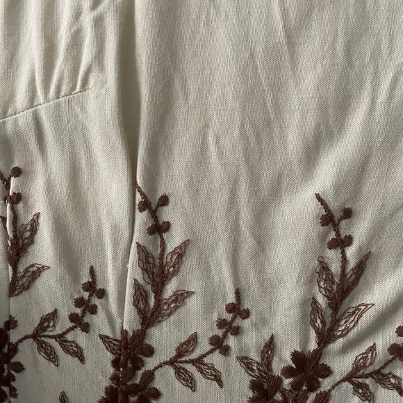 Vintage 50s Dress - Beige Cotton Linen Brown Floral embroidery - Picture 5 of 7